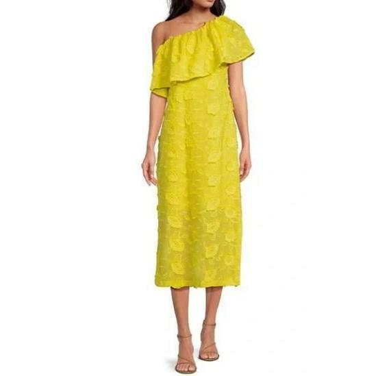 Abbey Glass Yellow Sutton Lace 3d Floral Ruffle One Shoulder Xs Midi Dress